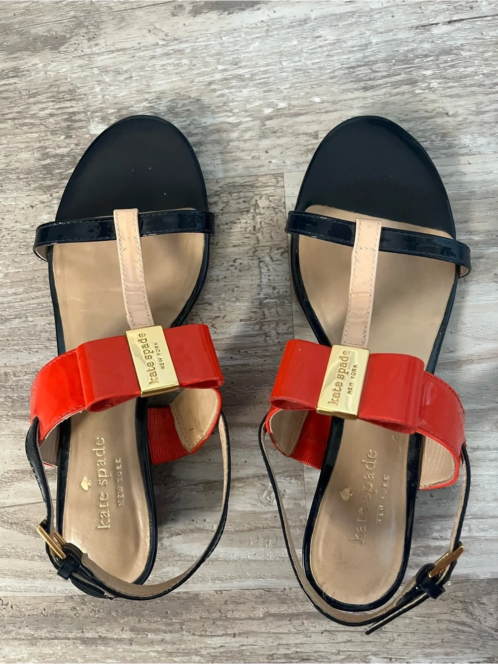 kate spade Red, Black & Nude Patent T-Strap Sandals
